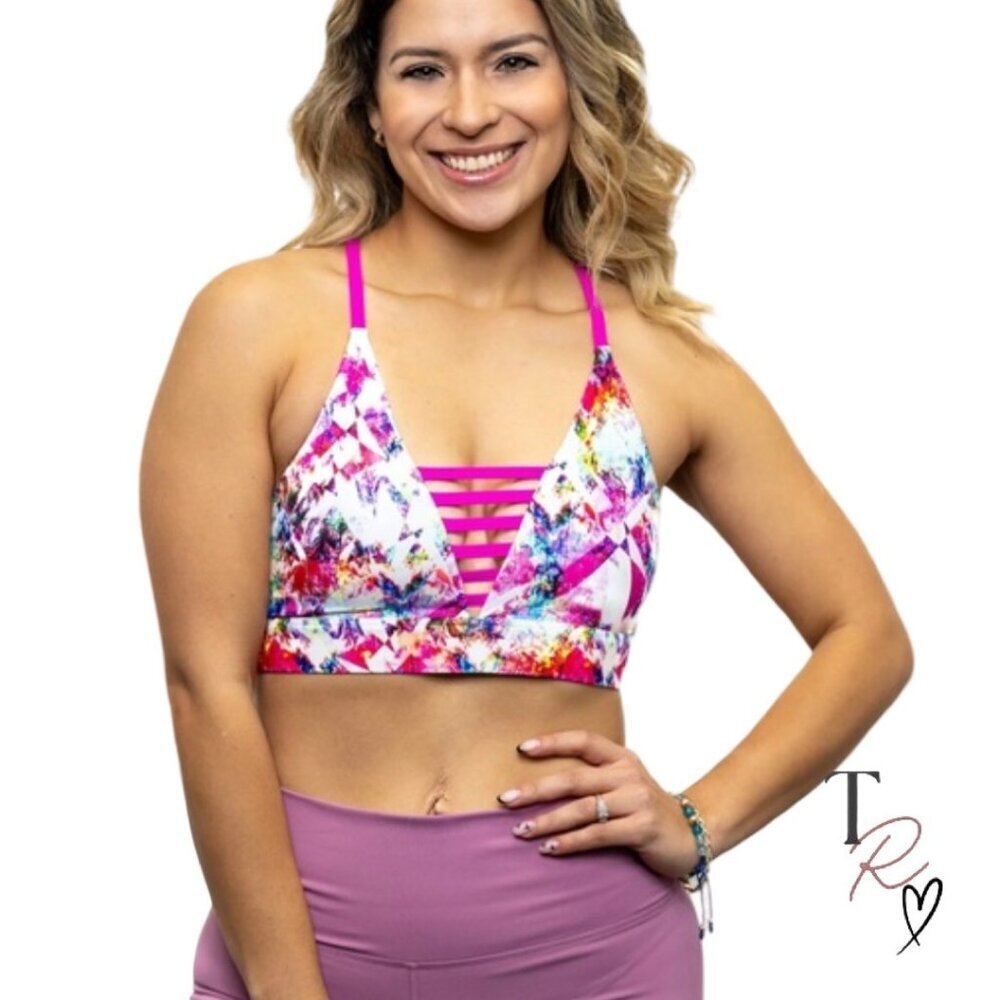 Peachy Athletic NWOT Seventh Heaven Strappy Sports Bra Pink Multicolor Size S